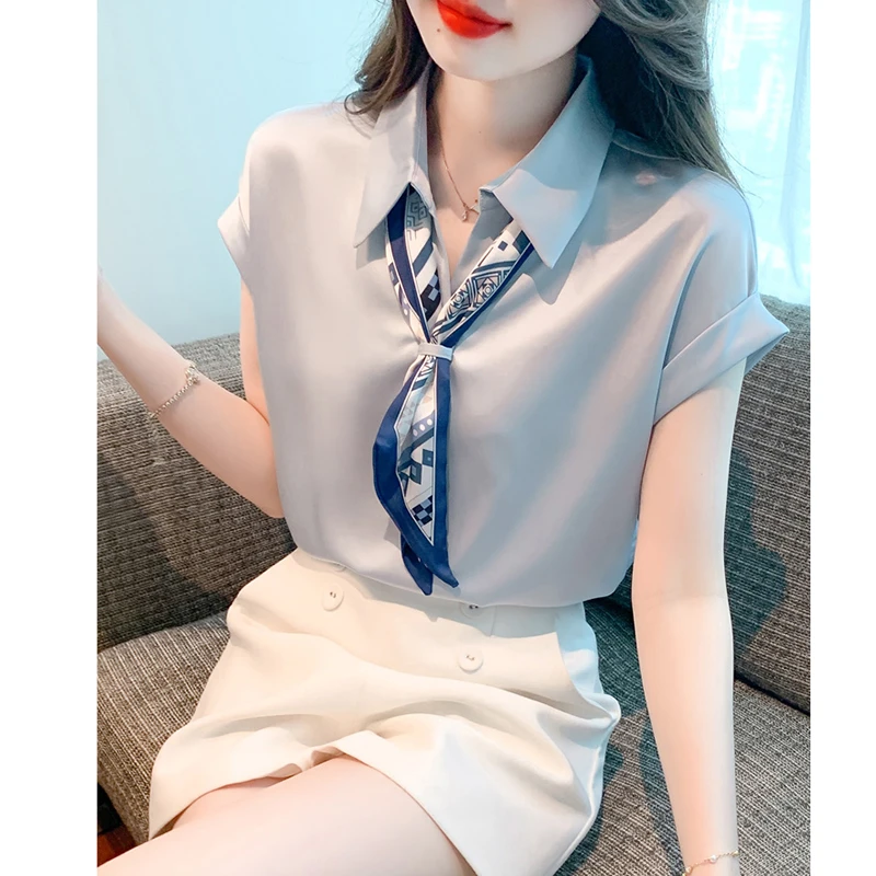 时尚缎面雪纺上衣女装夏季2025年新款法式气质职业轻熟风短袖衬衫