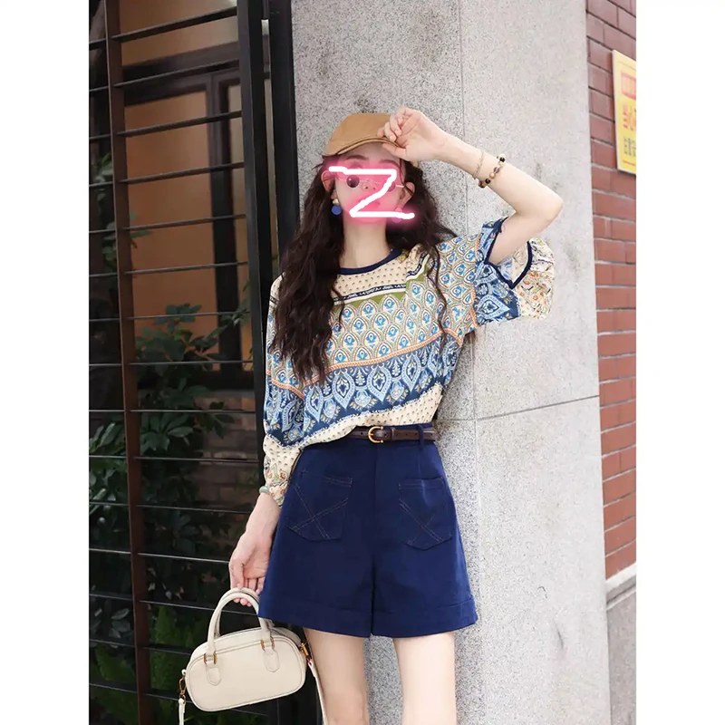复古拼色短袖t恤女2025新款夏季圆领上衣搭洋气短裤两件套装