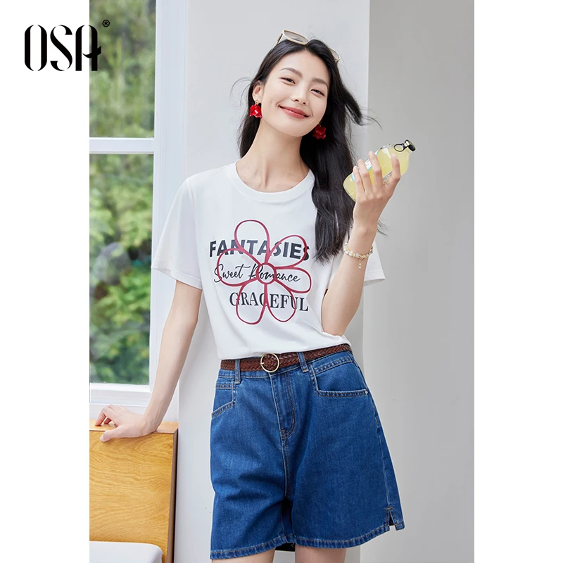 OSA夏季新款趣味手绘印花透气T恤通勤百搭休闲短袖上衣S125B11048