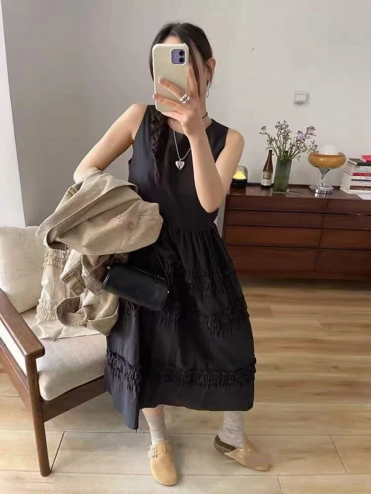 SS25636  韩国单花边无袖背心连衣裙