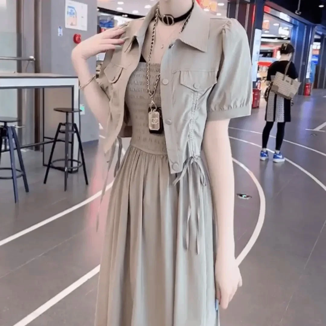2025夏季新款时尚气质短袖外套+吊带连衣裙两件套小香风套装女潮