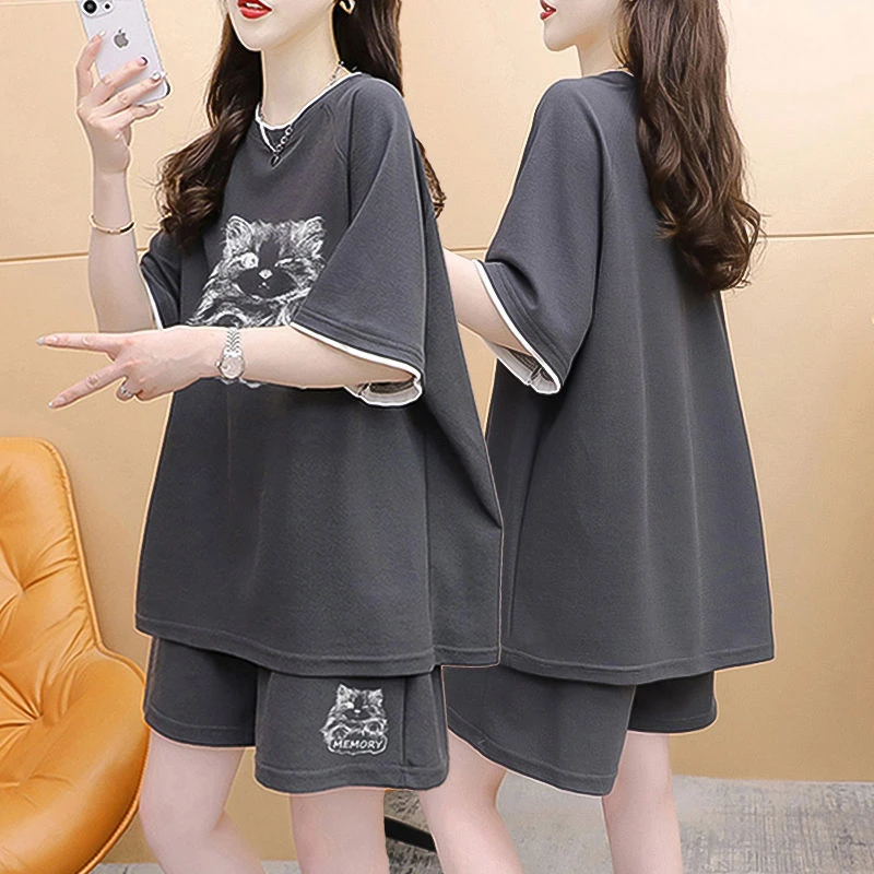 胖mm大码纯棉休闲运动套装女夏季新款韩版百搭短袖短裤网红两件套