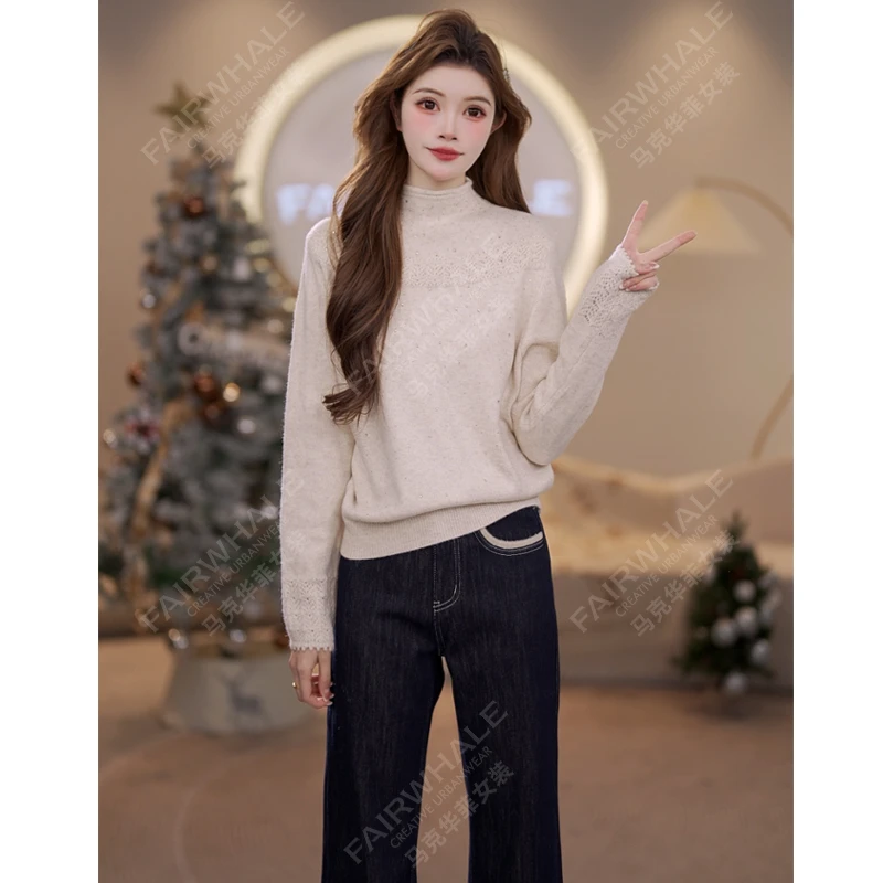 马克华菲女装秋冬立领设计感时尚慵懒宽松毛衣休闲针织衫上衣 X