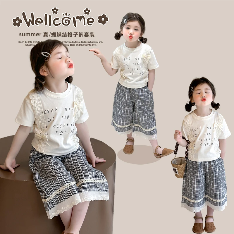 女童短袖套装夏季2025新款洋气时髦儿童宝宝夏装格子阔腿裤两件套