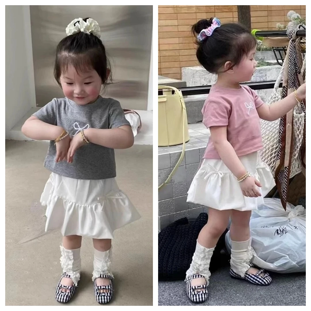 女童t恤短袖上衣夏季新款小短款短袖上衣洋气蝴蝶结短袖T恤韩版