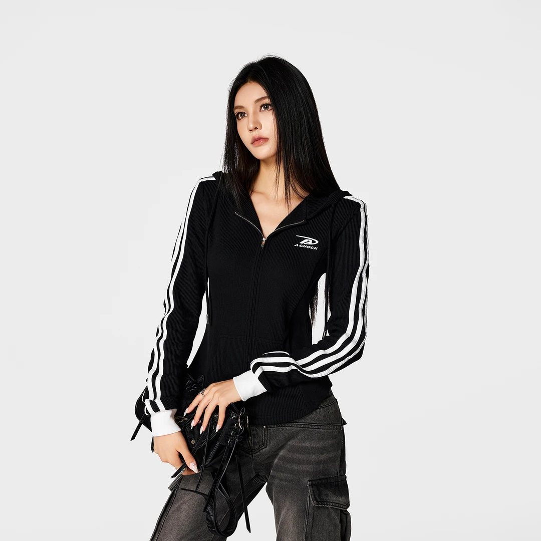 【Achock官方店】美式条纹拼接针织连帽卫衣开衫女款修身显瘦外套