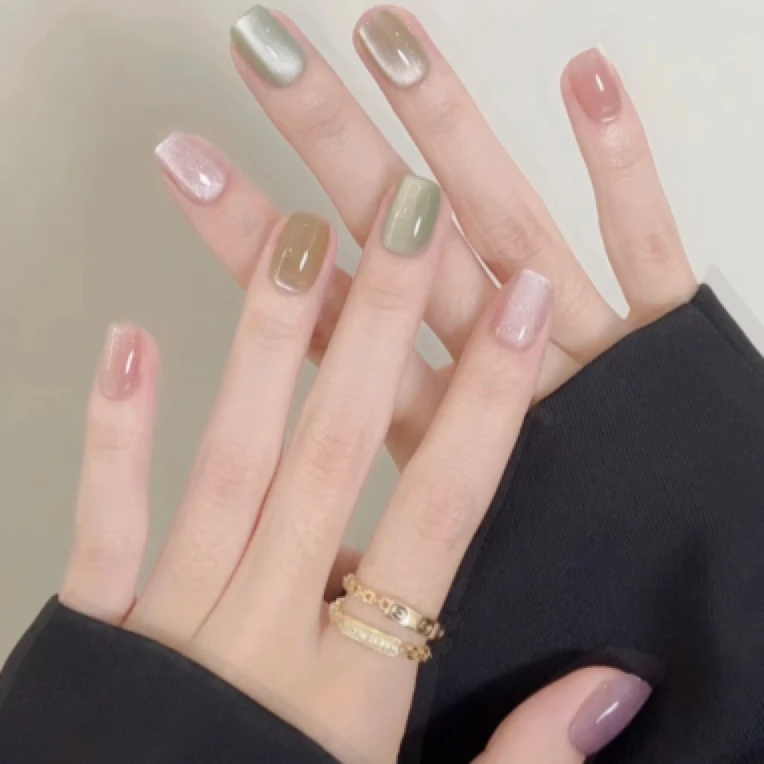 新款短款纯手工穿戴甲精致玻璃珠猫眼高级感成品五彩糖豆