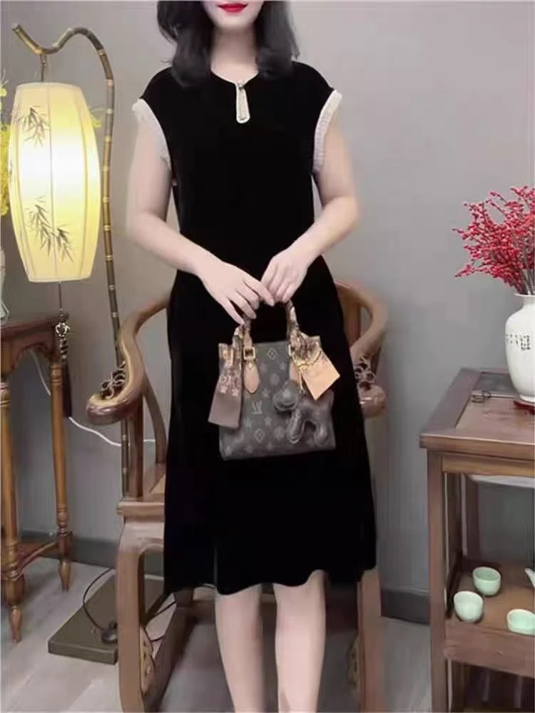 气质洋气水滴领丝绒时尚连衣裙百搭好看夏季国风款