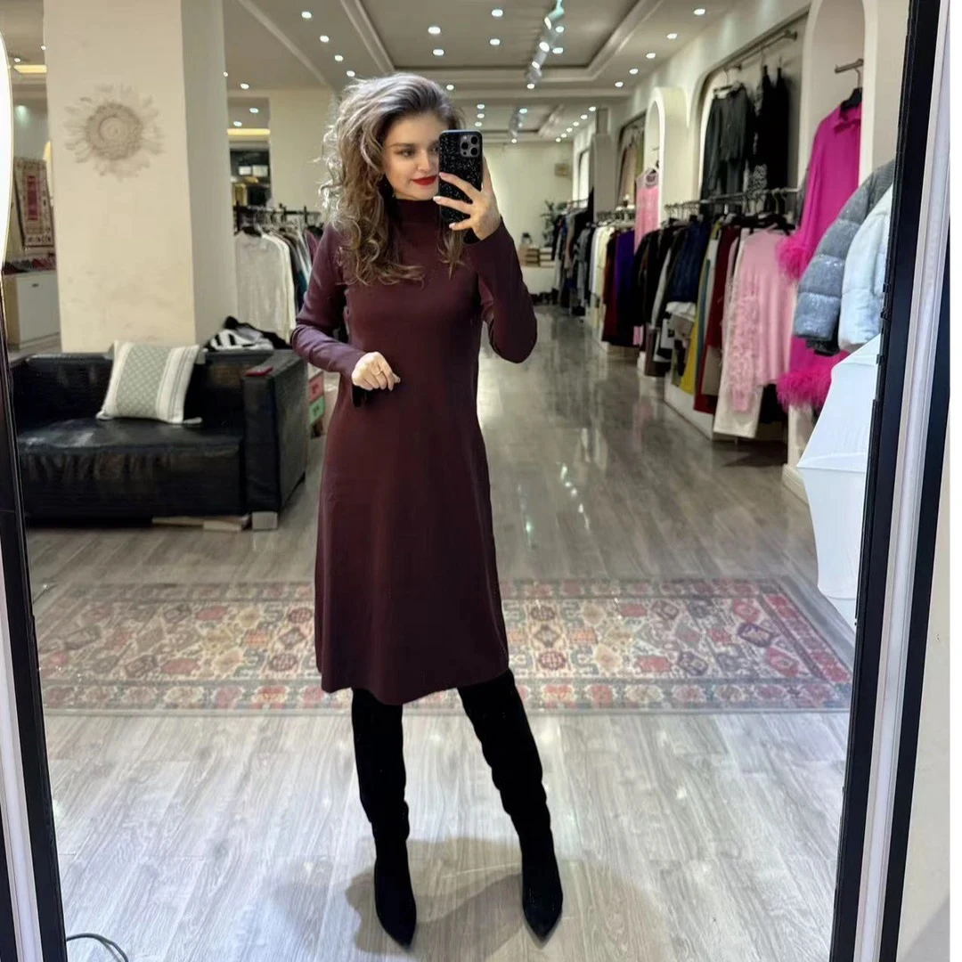 2024年自家原创设计高气质时尚半高领显瘦百搭A字短连衣裙女士