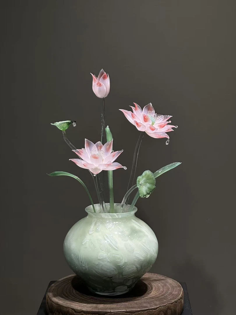 粉色渐变琉璃莲花摆件创意玄关摆件佛礼摆件家居客厅高端礼品