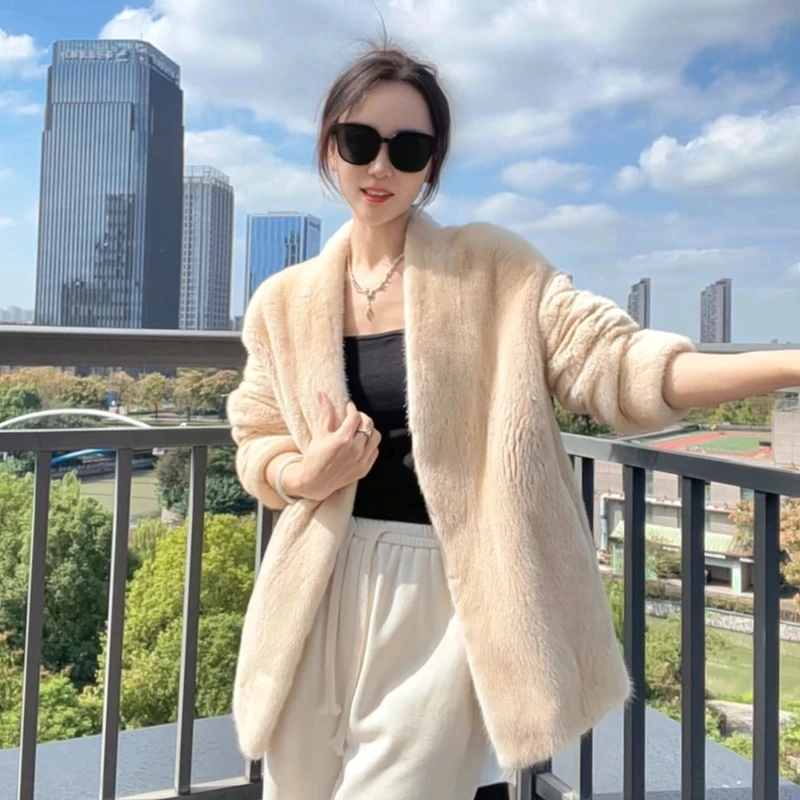 影小姐2024新款进口水貂毛V领外套整貂貂皮水貂皮草大衣女