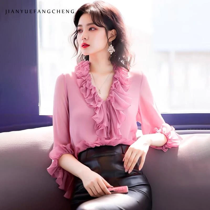 YIHUI伊卉欧洲站2025夏季法式荷叶边雪纺衫上衣女打底衫SC255689