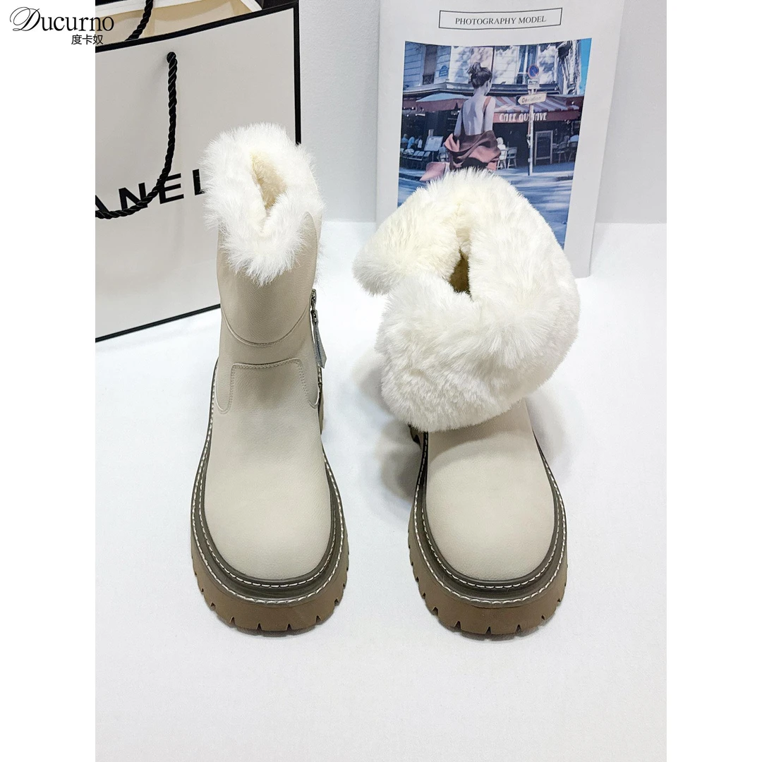 DUCURNO厚底雪地靴女时尚加绒加厚毛毛靴保暖东北棉鞋防滑马丁靴