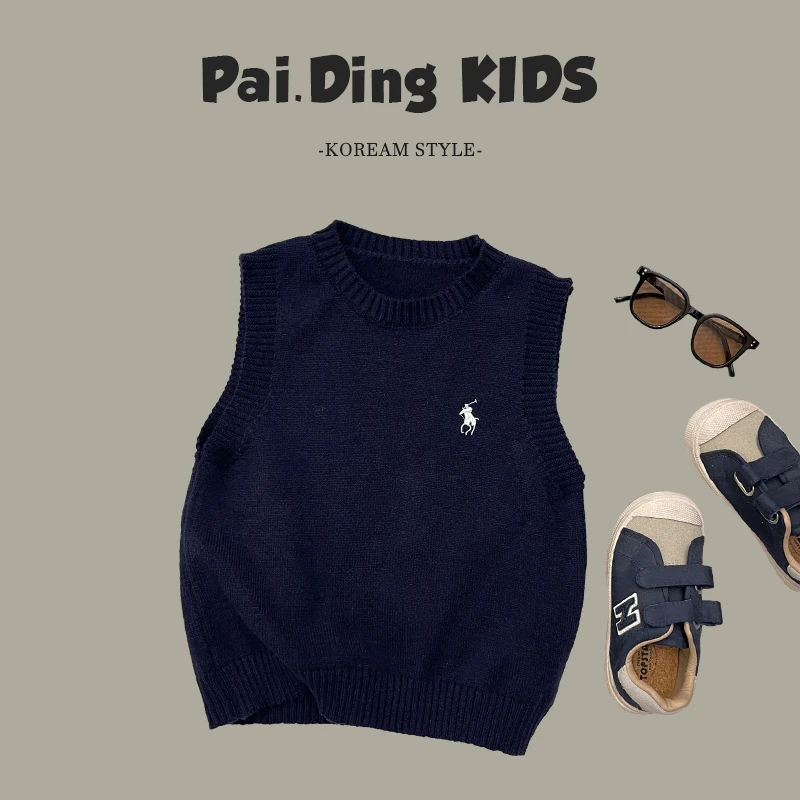 现货【兔小呗】秋装儿童韩版刺绣标休闲套头毛衣针织马甲HCXZ3436