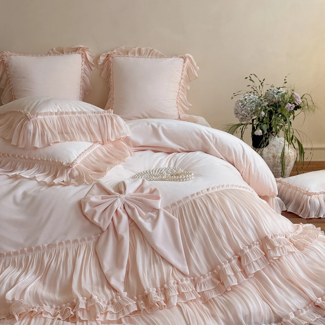 法式床盖款婴儿绒四件套牛奶绒公主风蝴蝶结加绒被套罩轻奢高级感