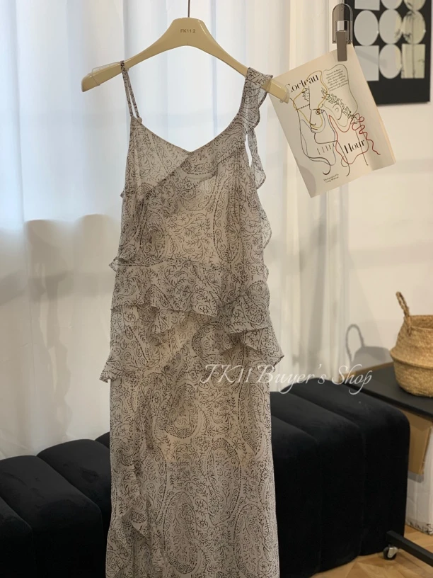 春夏荷叶边腰果花无袖吊带连衣裙女【AVVENN】