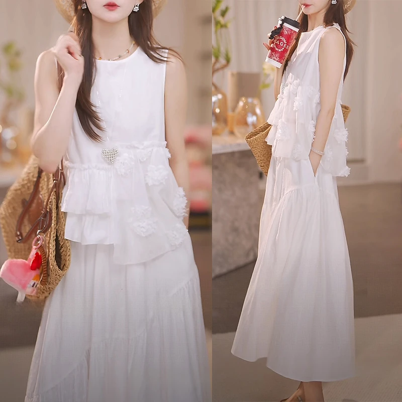 圆领白色花语上衣半身裙两件套女装2025夏季新款不规则拼接套装女