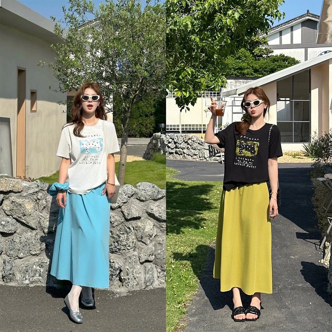裂渡宣宣【蓝岛冰心】微胖大码女夏百搭针织T恤+半身裙套装ZY506V17