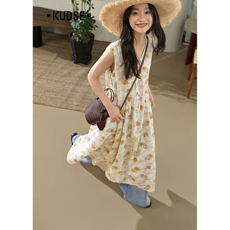阔色v领海边度假碎花连衣裙2025春夏季新无袖背心长裙KSB2503015