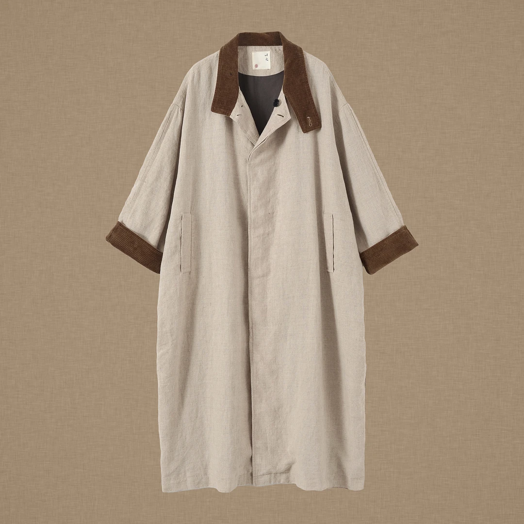 【以之】设计师品牌原创领口灯芯绒撞色双层风衣宽松大码亚麻外套女