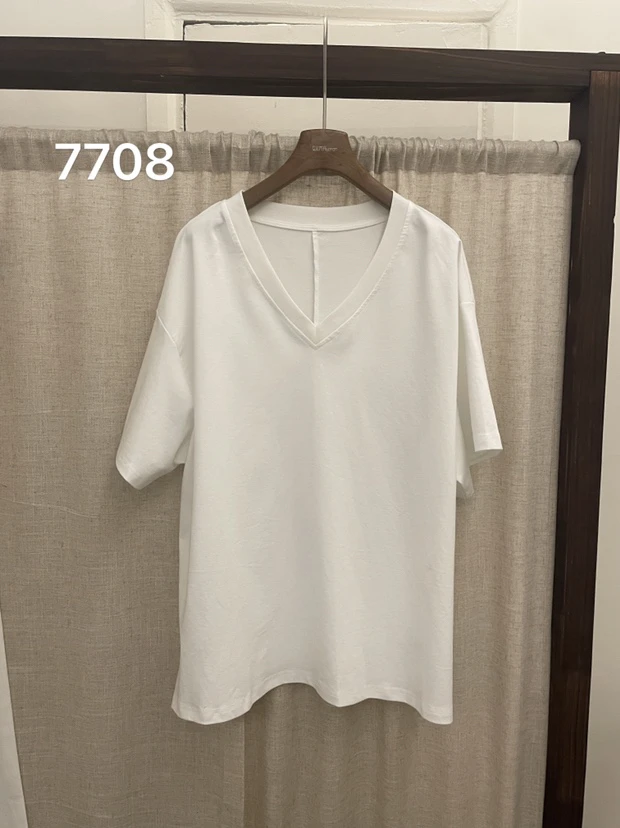 8673 Oversize风V领短袖宽松型T恤圆领纯色时尚休闲