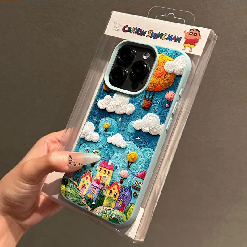 油画热气球小镇适用苹果16p/15手机壳iPhone14promax13荔枝纹12软