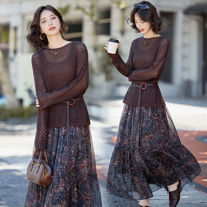 复古港风通勤风时尚两件套装2025秋季新款气质女针织上衣半身裙