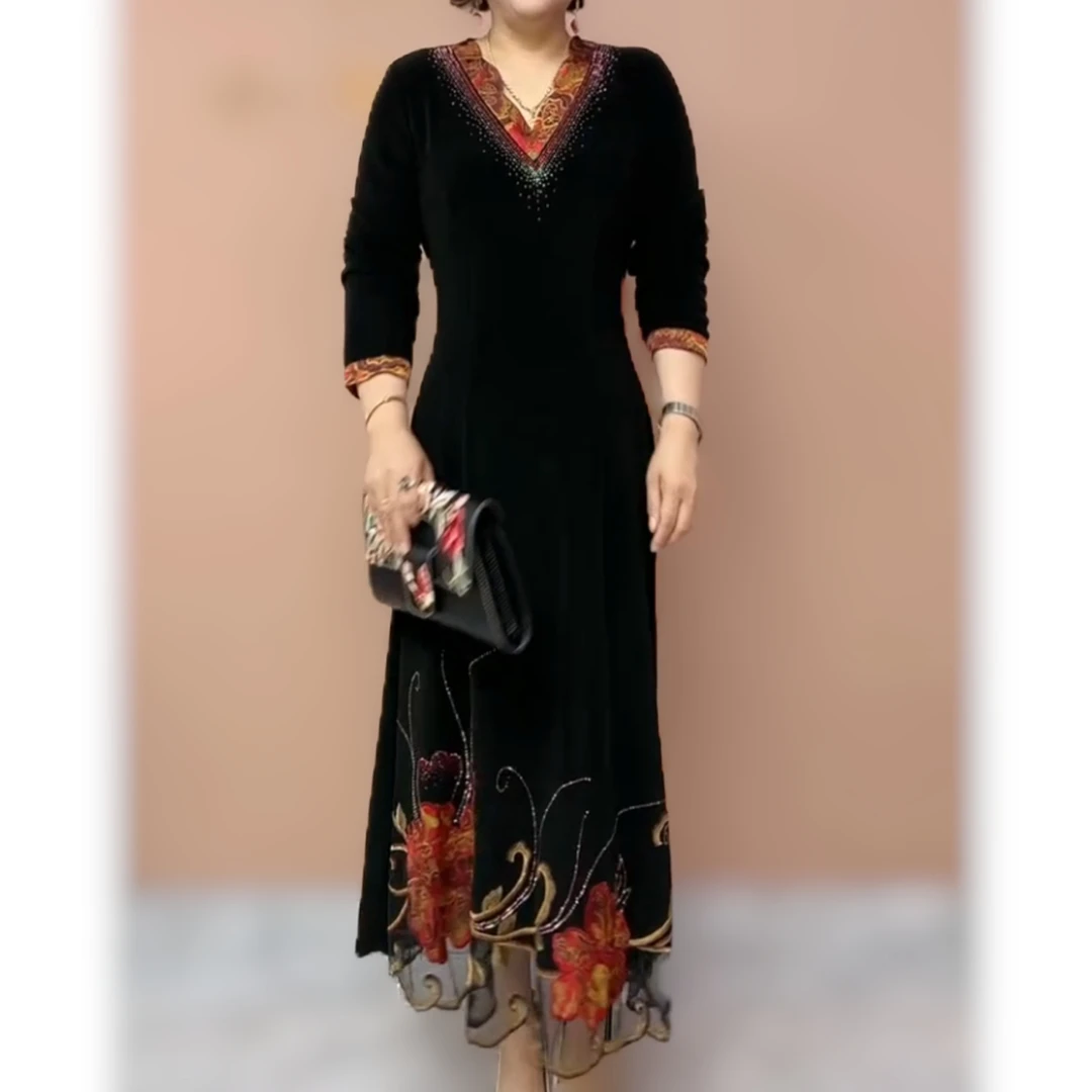 高端高贵优雅中年妈妈洋气大码刺绣连衣裙收腰显瘦遮肚过膝长裙