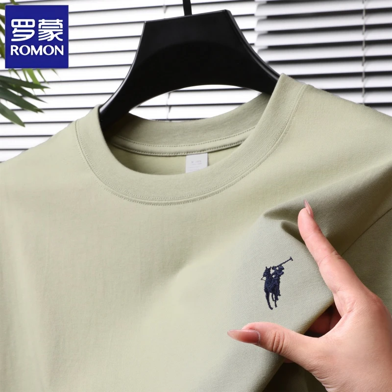 罗蒙100%纯棉男士圆领短袖T恤高档吸汗百搭简约体恤半袖汗衫上衣