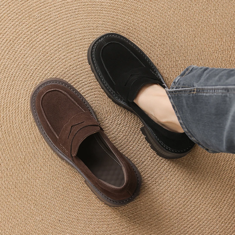 手工女鞋~高颜一脚蹬圆头厚底磨砂牛皮棕色乐福鞋