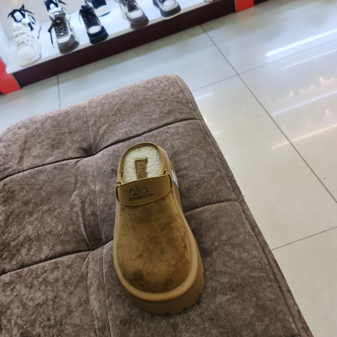 包头拖休闲风棕色防水台保暖磨砂皮加绒舒适包头款