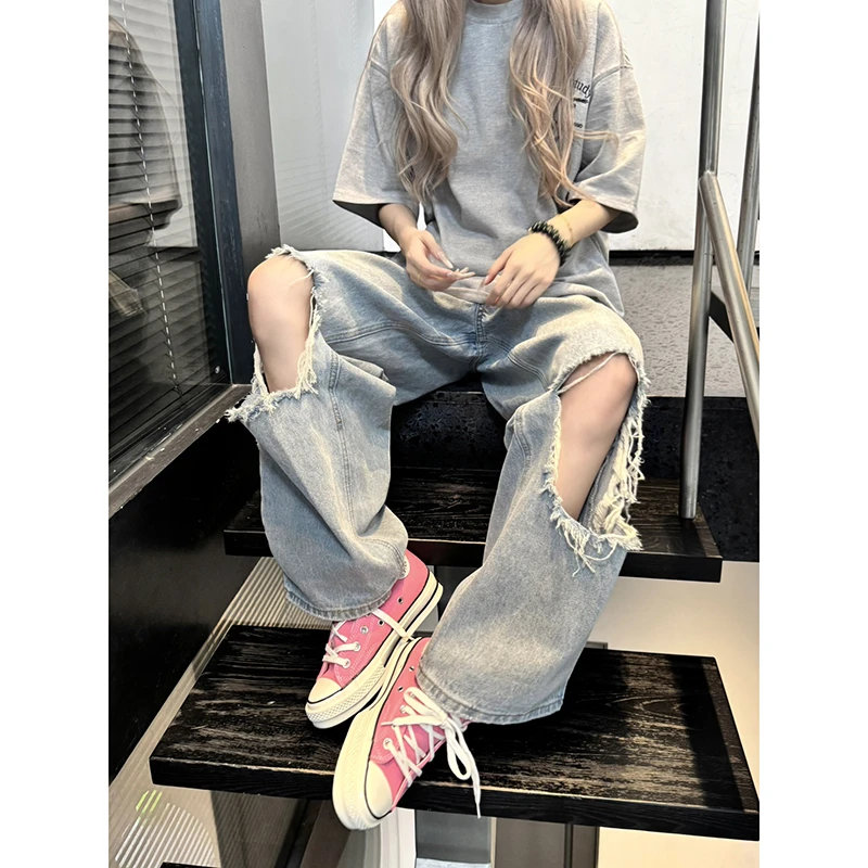 【破价+现货】美式浅色高腰破洞牛仔裤阔腿宽松松弛百搭设计直筒裤
