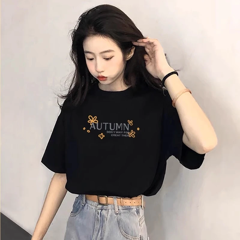 黑色宽松纯棉短袖t恤女夏季2025新款爆款别致圆领潮牌上衣体恤ins