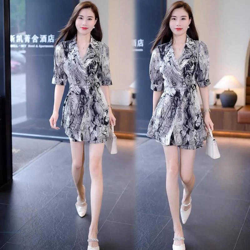 哥弟阿玛施正品感短袖连衣裙套装女士2025菱形格新款休闲洋气时髦