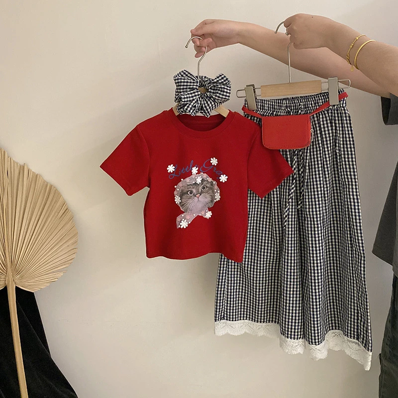 2【安安家】女童韩版可爱花朵喵咪短袖T恤格子休闲裤两件套R25296