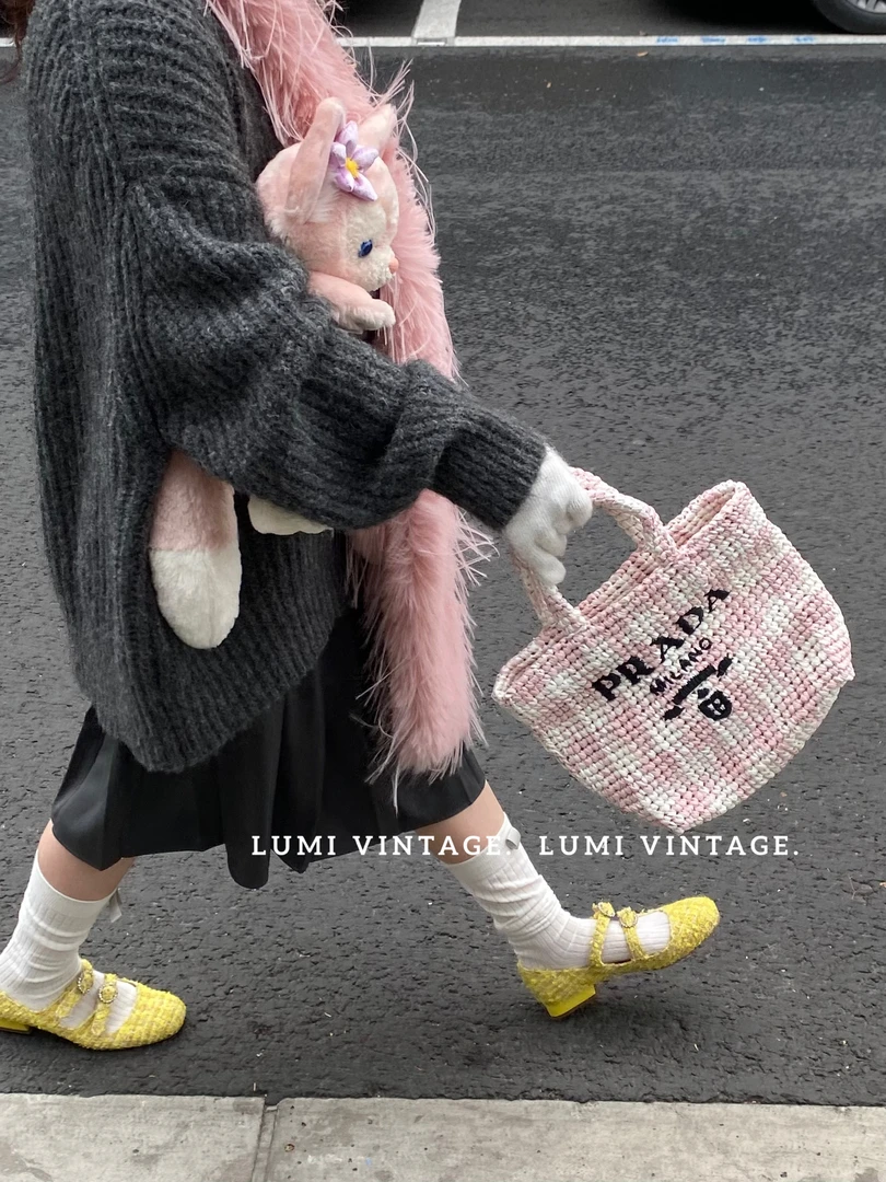 95新 Prada/普拉达 粉拼白拉菲草托特包 74325576