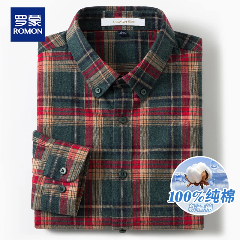 罗蒙复古长袖磨毛100%全棉格子衬衫春秋高档男士上衣痞帅休闲衬衣