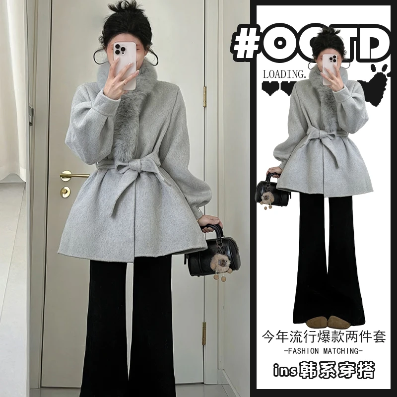 盐系炸街套装女秋冬新款韩系气质收腰显瘦外套高腰微喇裤子两件套