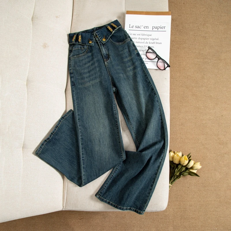 JL9739高腰阔腿喇叭裤牛仔裤女2024早秋新款宽松显瘦百搭复古裤子