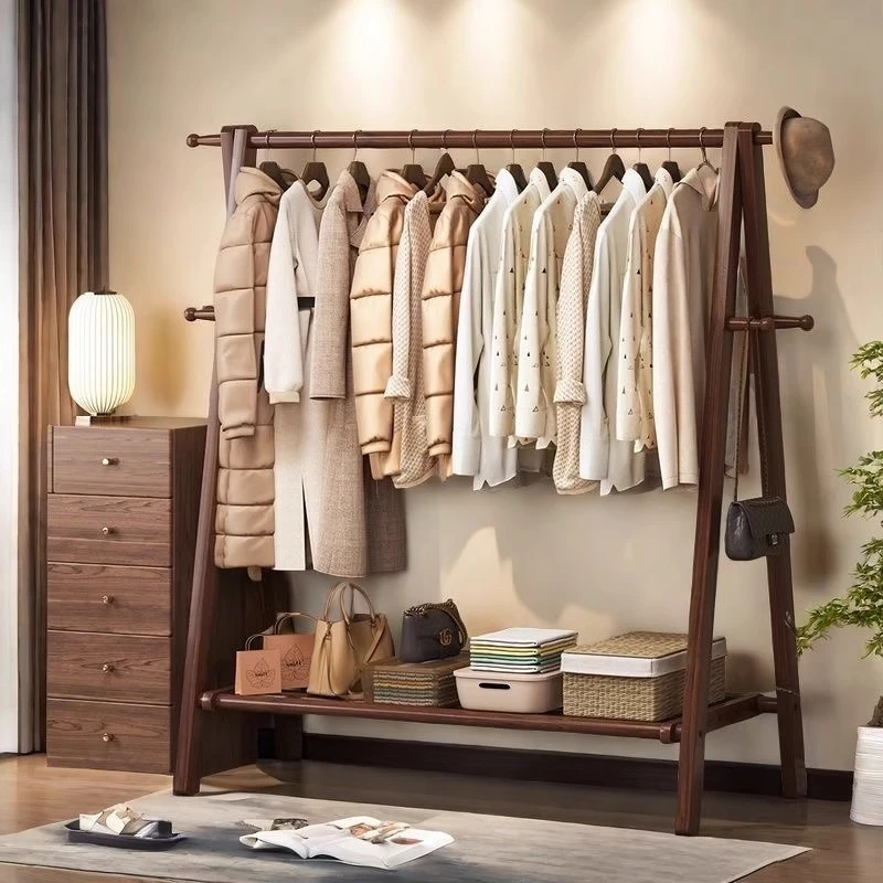 美式落地式衣帽架实木挂衣架卧室2025新款胡桃色木多功能衣帽架子