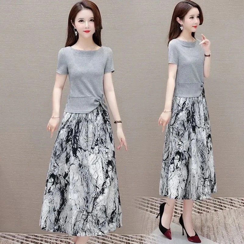 夏季短袖大码显瘦洋气新款半身裙T恤上衣两件套印花减龄裙子套装