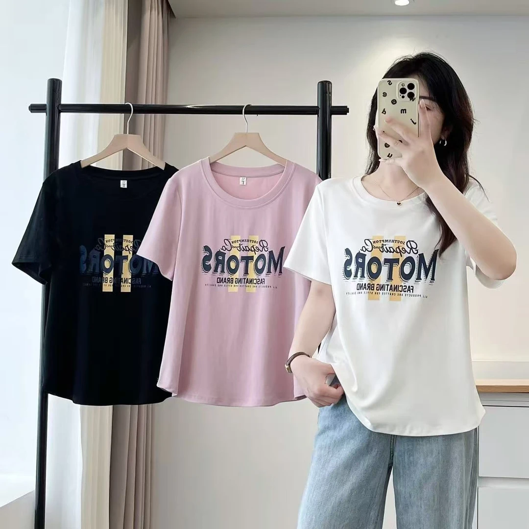大码女装夏季休闲百搭时尚宽松印花字母短袖T恤2512（110-200斤）