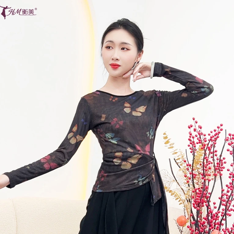 古典舞印花修身绑带长袖上衣成人中国风古典舞民族舞服装练功服女