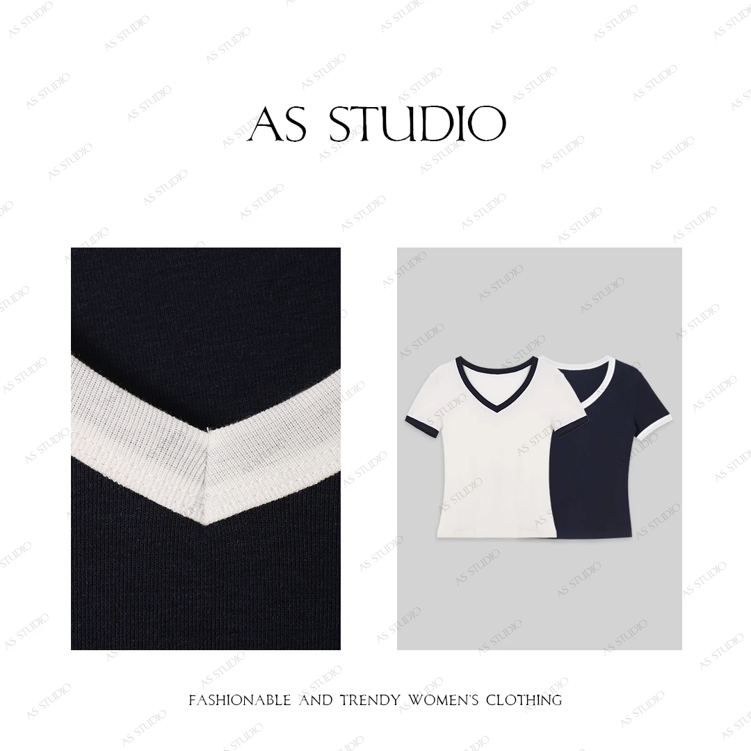 【AS天鹅颈】铭顺25极简风复古撞色V领修身天丝羊毛T恤AS25CSY4144