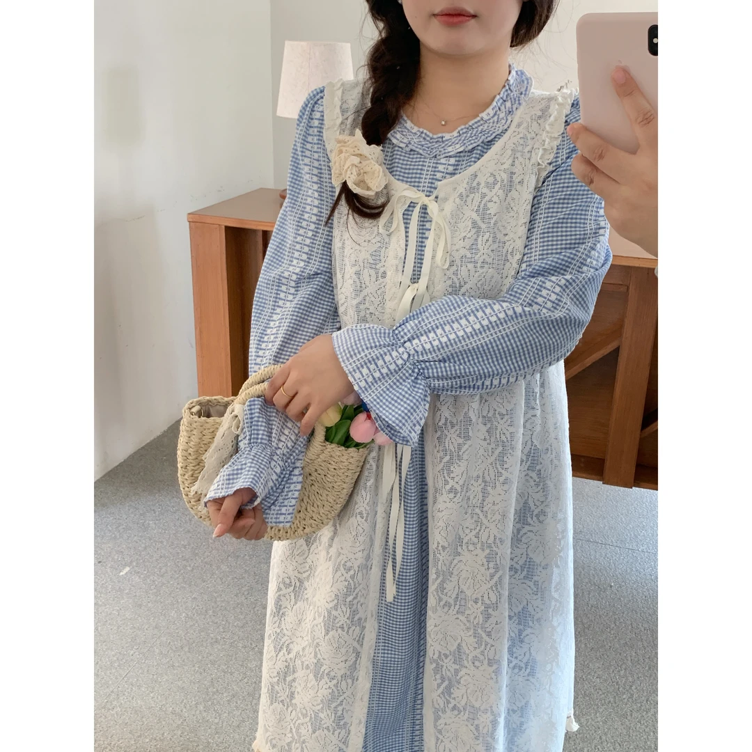 青苍【珍妮套装】大头婷微胖春季蕾丝罩衫大码连衣裙女绑带长裙