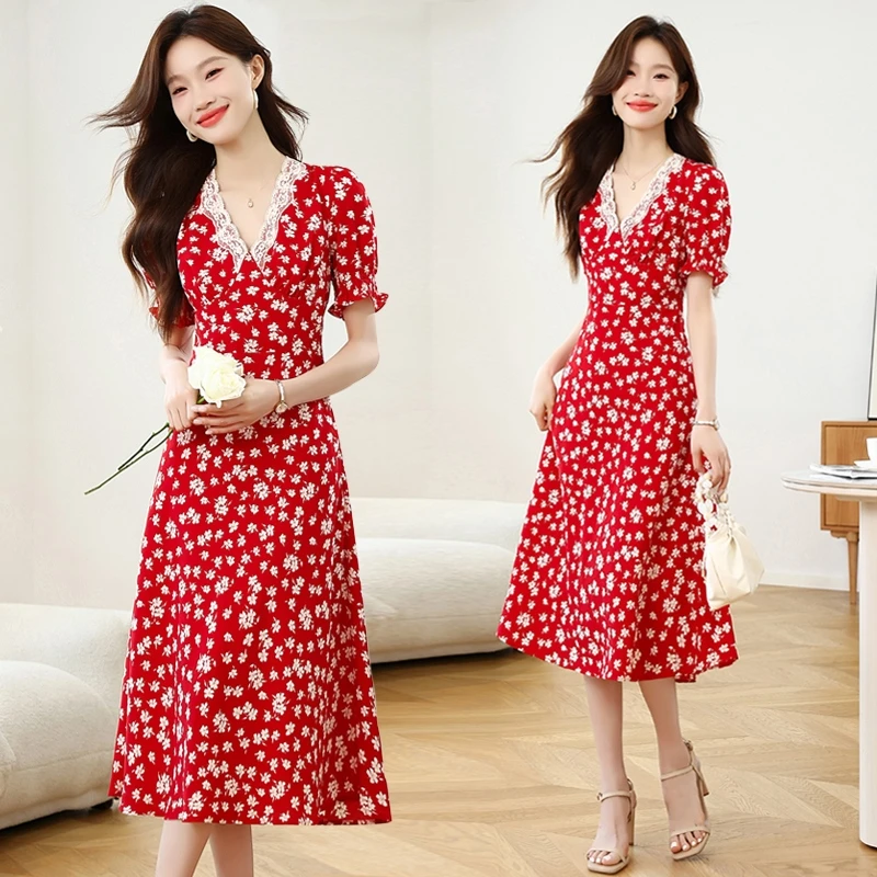 实拍曼日花事红色泡泡袖碎花夏季连衣裙女春夏法式v领度假长裙