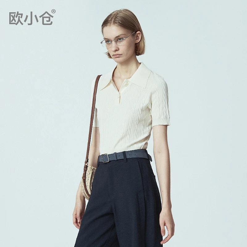 欧小仓精致穿搭绞花polo领短袖针织衫薄款老钱风肌理感polo衫5191