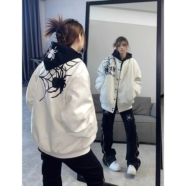 030-美式棒球服男女春秋季蜘蛛刺绣设计感宽松潮牌情侣外套ins潮