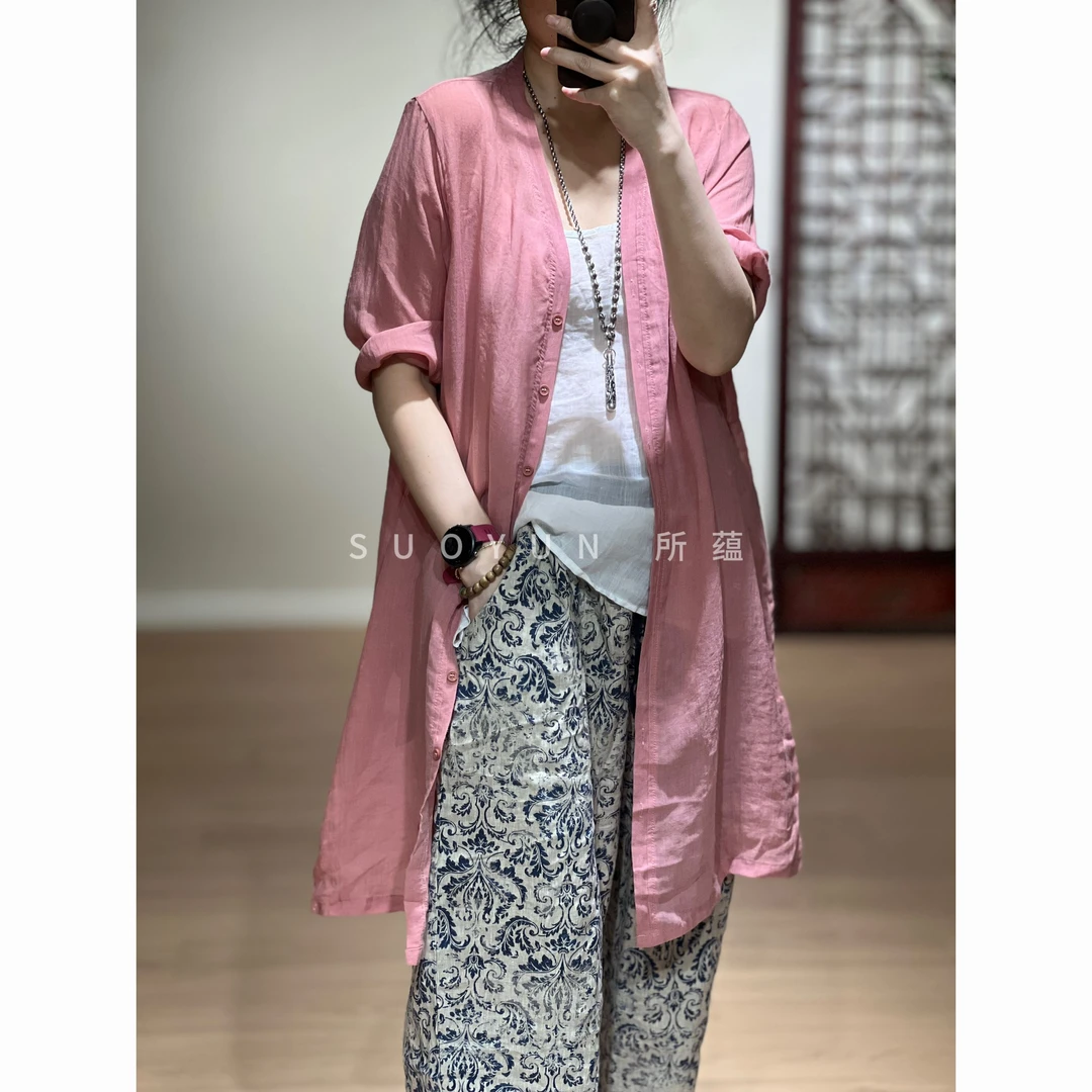 2025所蕴新款夏季单排扣纯色百搭显瘦中长款七分袖苎麻防晒开衫