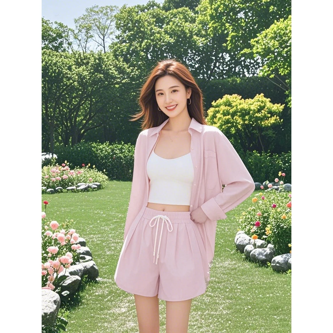 门店59&9！气泡套装」莱赛尔天丝轻薄凉爽衬衫短裤休闲两件套C23649